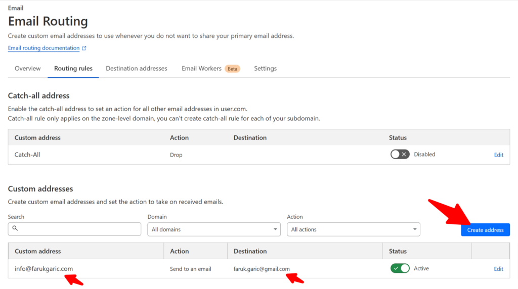 Cloudflare email routing settings