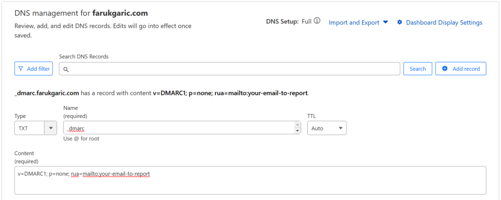 Dns dmarc settings